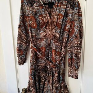 Alex Marie Paisley Long-sleeve Dress in Brown, Blue, and Cream
